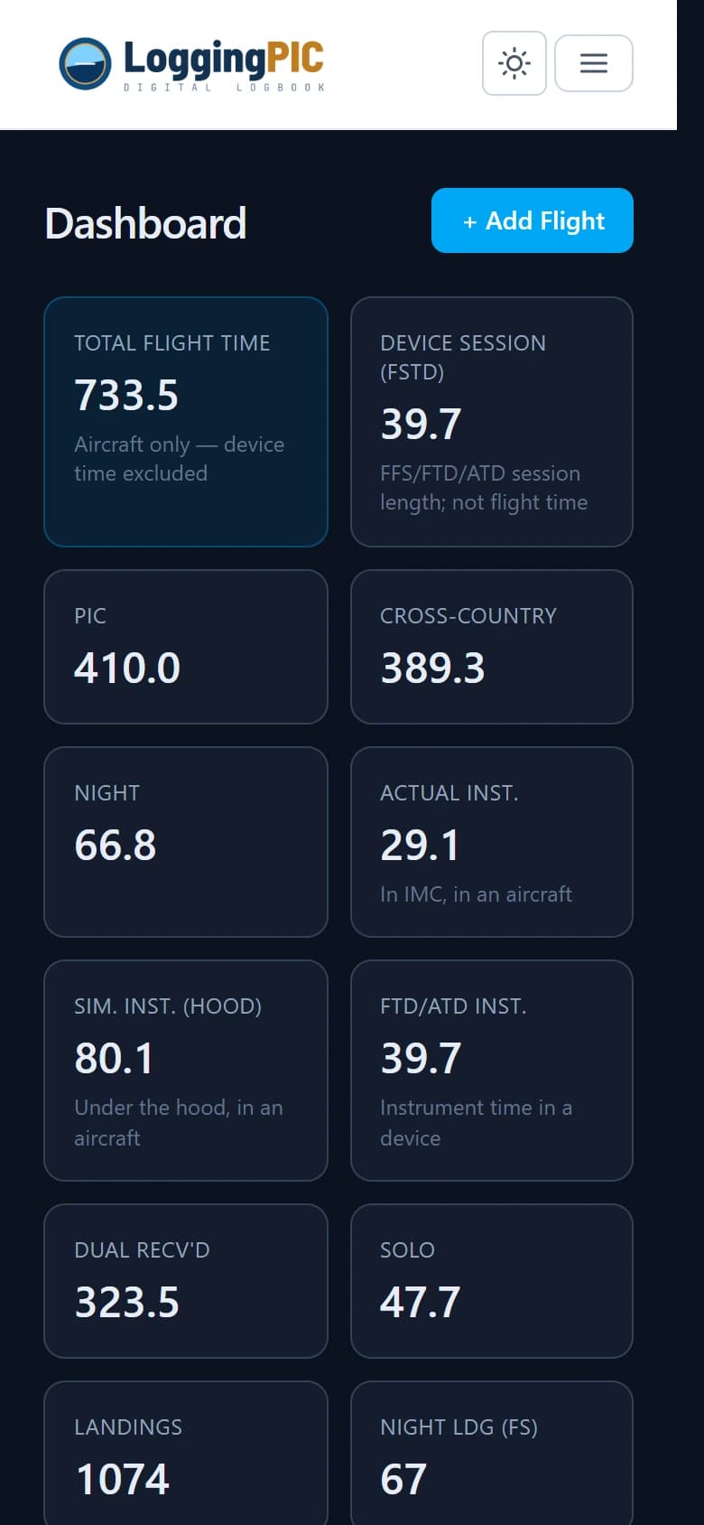 The Logbook dashboard on a phone: total flight time, PIC, cross-country and instrument totals.