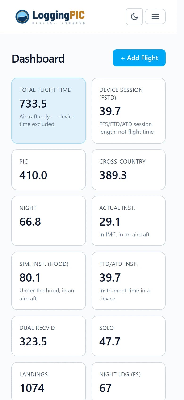 The Logbook dashboard on a phone: total flight time, PIC, cross-country and instrument totals.