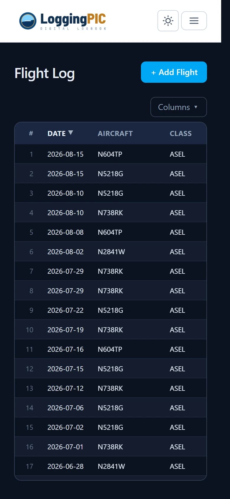 The flight log on a phone.