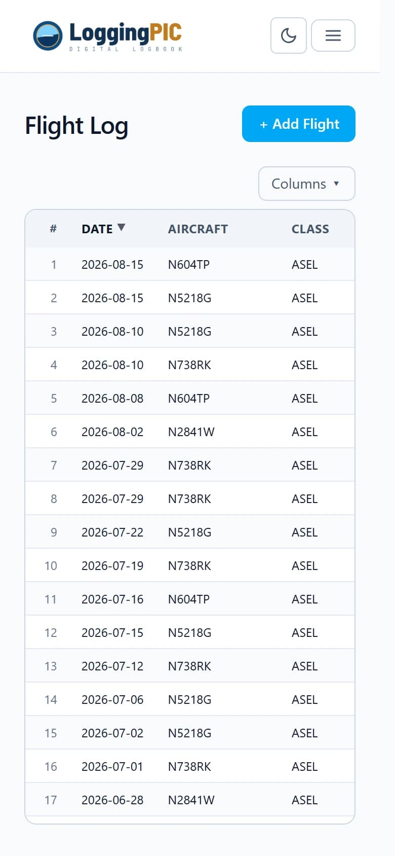 The flight log on a phone.